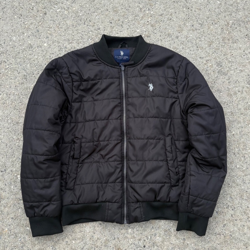 U.S. Polo Assn. Mens Puffer Bomber Jacket - Black Quilted Full Zip - Small